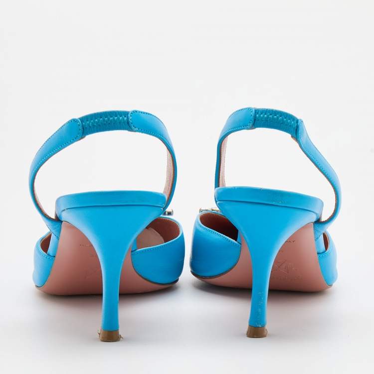 Pre Owned Amina Muaddi Blue Leather Begum Slingback Pumps Size 38.5 