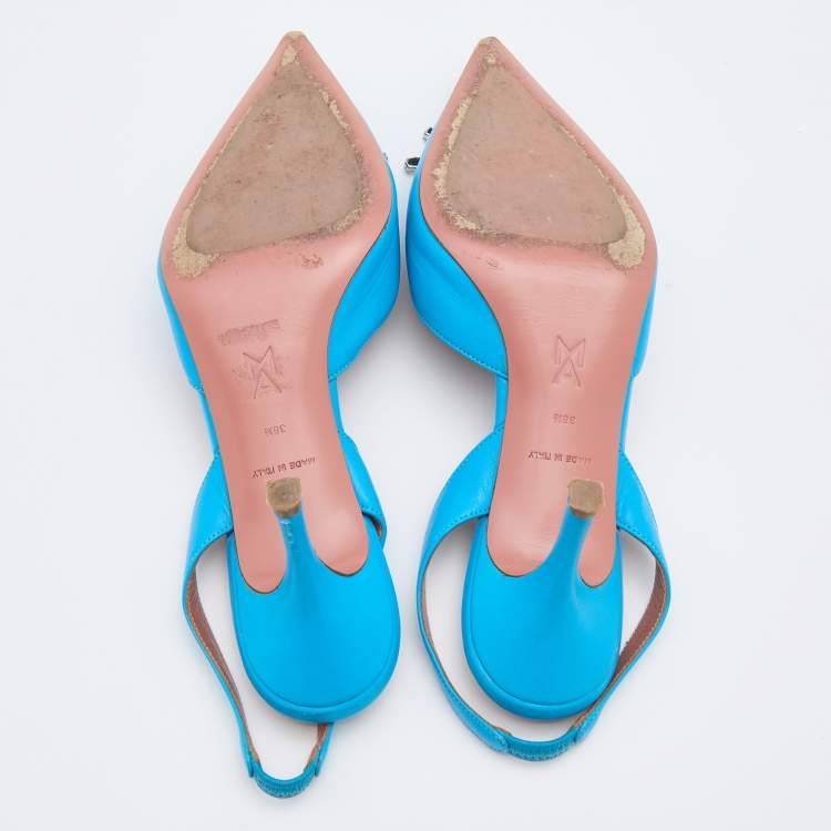 Pre Owned Amina Muaddi Blue Leather Begum Slingback Pumps Size 38.5 