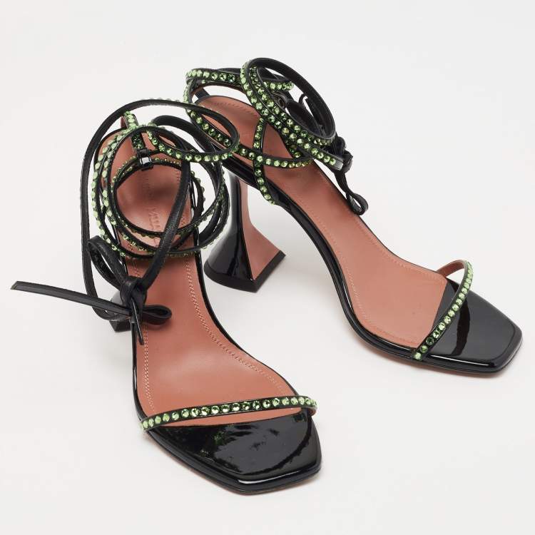 Pre Owned Amina Muaddi Black/Green Crystal Embellished Patent Leather Vita Ankle Tie Sandals Size 36