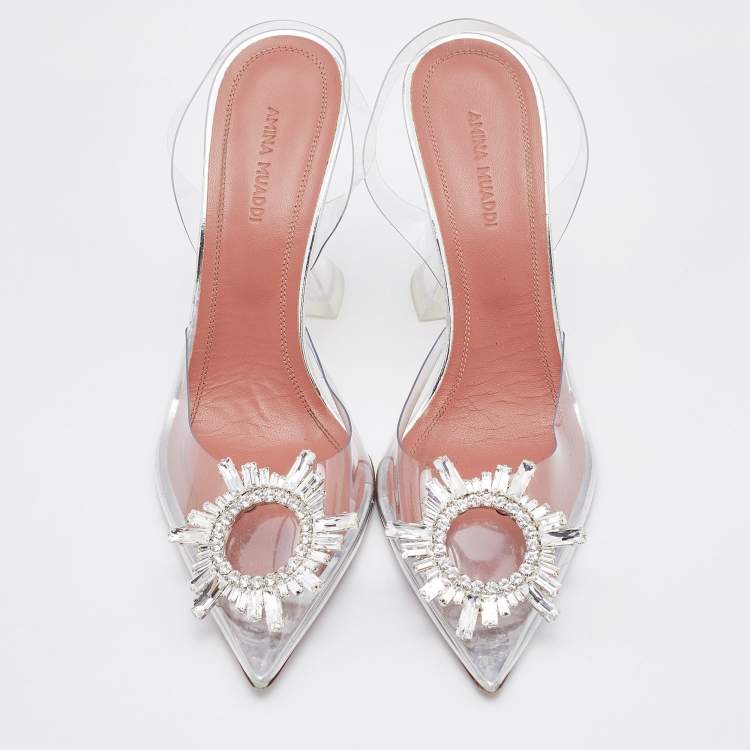 مملوكة مسبقًا Amina Muaddi Transparent PVC Begum Crystal Embellished Slingback Pumps Size 37.5