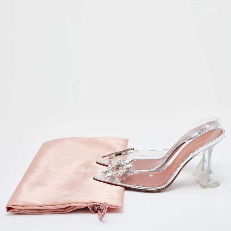 مملوكة مسبقًا Amina Muaddi Transparent PVC Begum Crystal Embellished Slingback Pumps Size 37.5