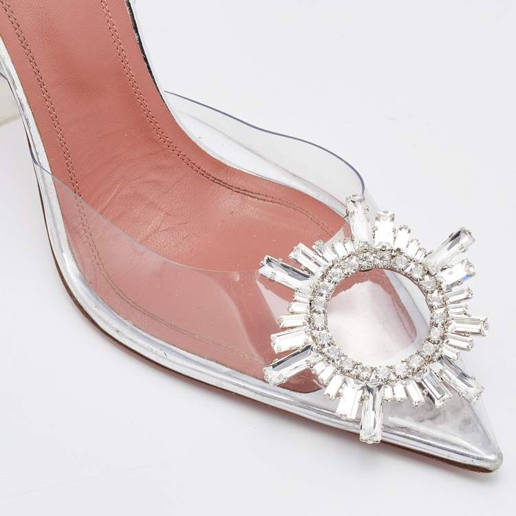 مملوكة مسبقًا Amina Muaddi Transparent PVC Begum Crystal Embellished Slingback Pumps Size 37.5