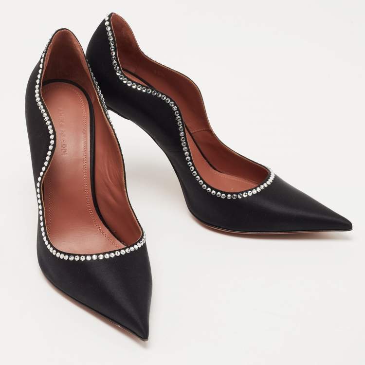 Pre Owned Amina Muaddi Black Satin Romy Pumps Size 38.5