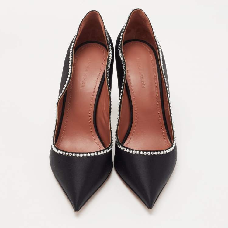 Pre Owned Amina Muaddi Black Satin Romy Pumps Size 38.5