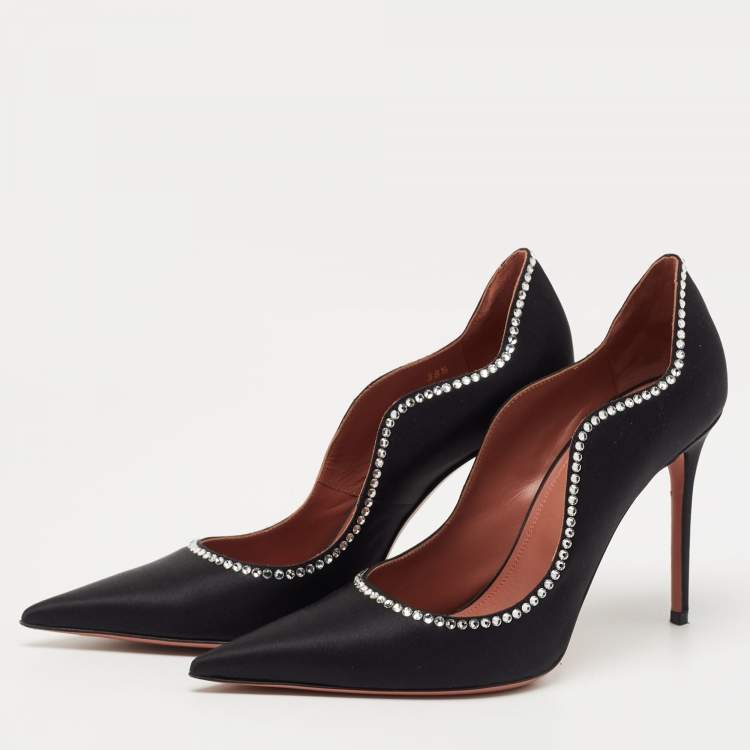 Pre Owned Amina Muaddi Black Satin Romy Pumps Size 38.5