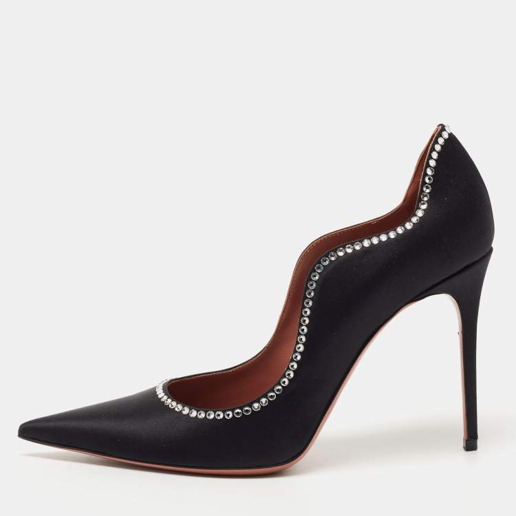 Pre Owned Amina Muaddi Black Satin Romy Pumps Size 38.5