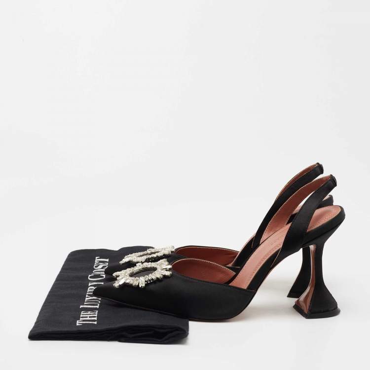 Pre Owned Amina Muaddi Black Satin Begum Crystal Embellished Singback Pumps Size 37