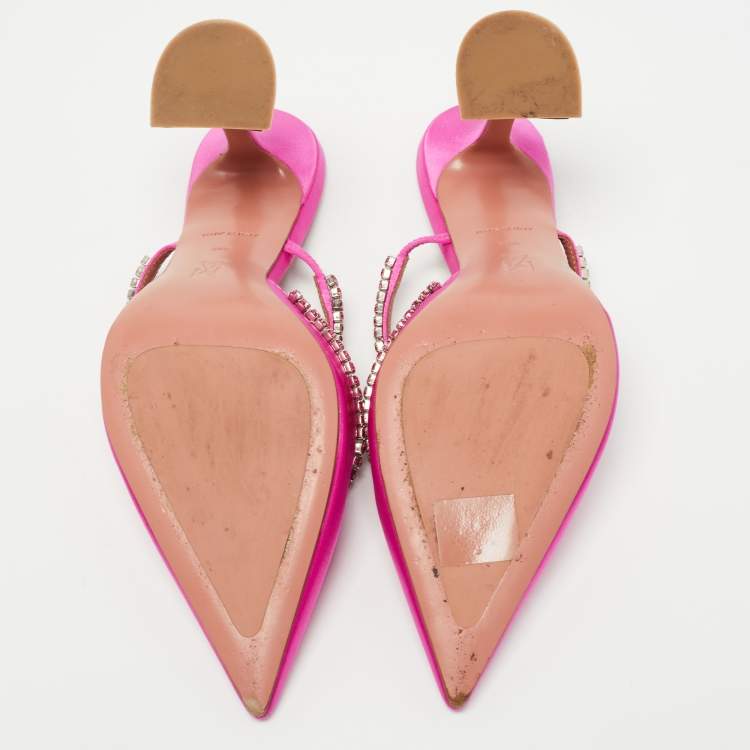 Pre Owned Amina Muaddi Pink Satin Gilda Mules Size 38.5