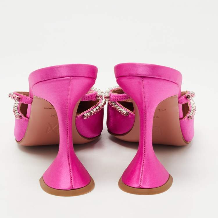 Pre Owned Amina Muaddi Pink Satin Gilda Mules Size 38.5