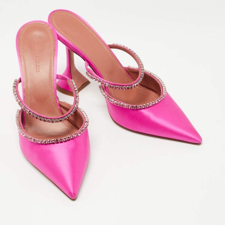Pre Owned Amina Muaddi Pink Satin Gilda Mules Size 38.5