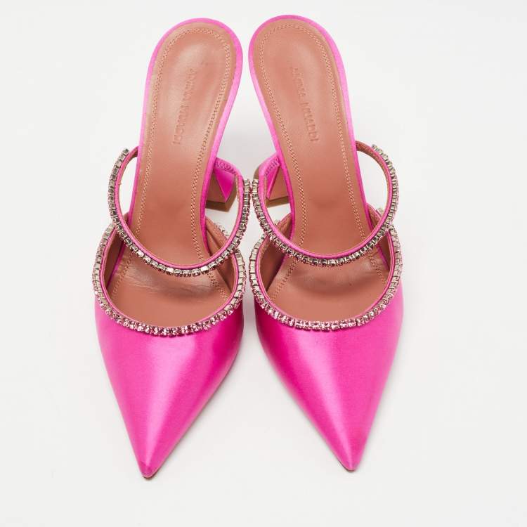 Pre Owned Amina Muaddi Pink Satin Gilda Mules Size 38.5