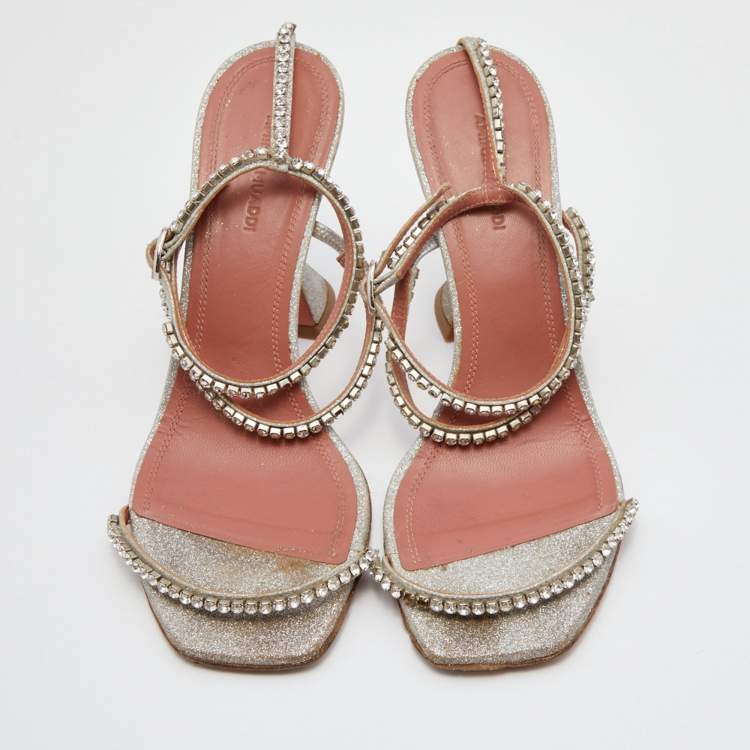 Pre Owned Amina Muaddi Metallic Silver Leather Gilda Crystal Embellished Ankle Strap Sandals Size 38.5
