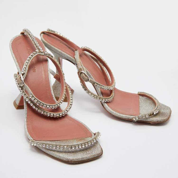 Pre Owned Amina Muaddi Metallic Silver Leather Gilda Crystal Embellished Ankle Strap Sandals Size 38.5
