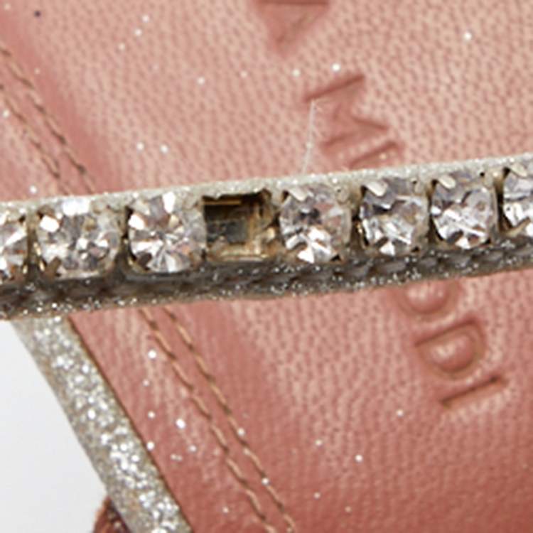 Pre Owned Amina Muaddi Metallic Silver Leather Gilda Crystal Embellished Ankle Strap Sandals Size 38.5