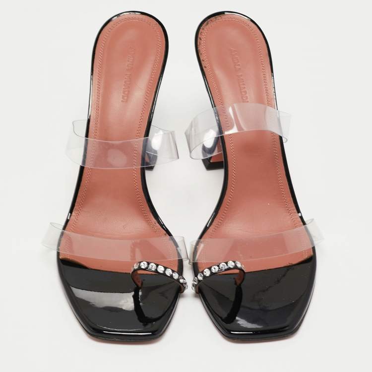 Pre Owned Amina Muaddi Black/Transparent PVC and Patent Sami Sandals Size 42