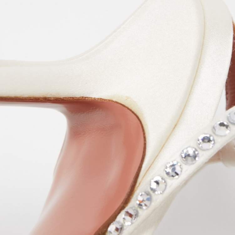 Pre Owned Amina Muaddi White Crystal Embellished Satin Vita Ankle Tie Sandals Size 37