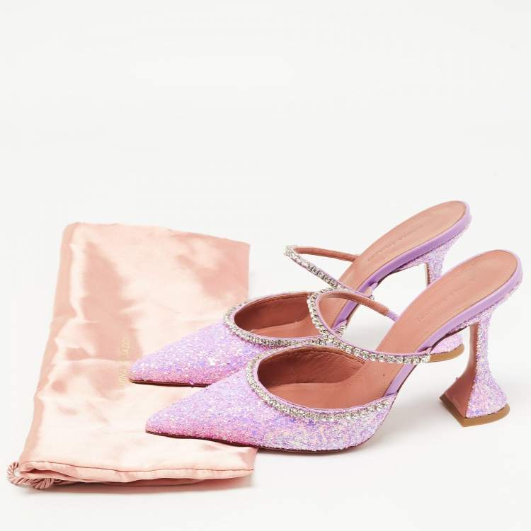 مملوكة مسبقًا Amina Muaddi Purple Coarse Glitter Gilda Mules Size 39