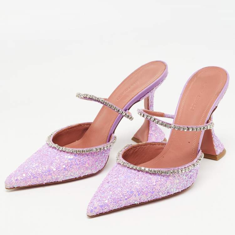 مملوكة مسبقًا Amina Muaddi Purple Coarse Glitter Gilda Mules Size 39