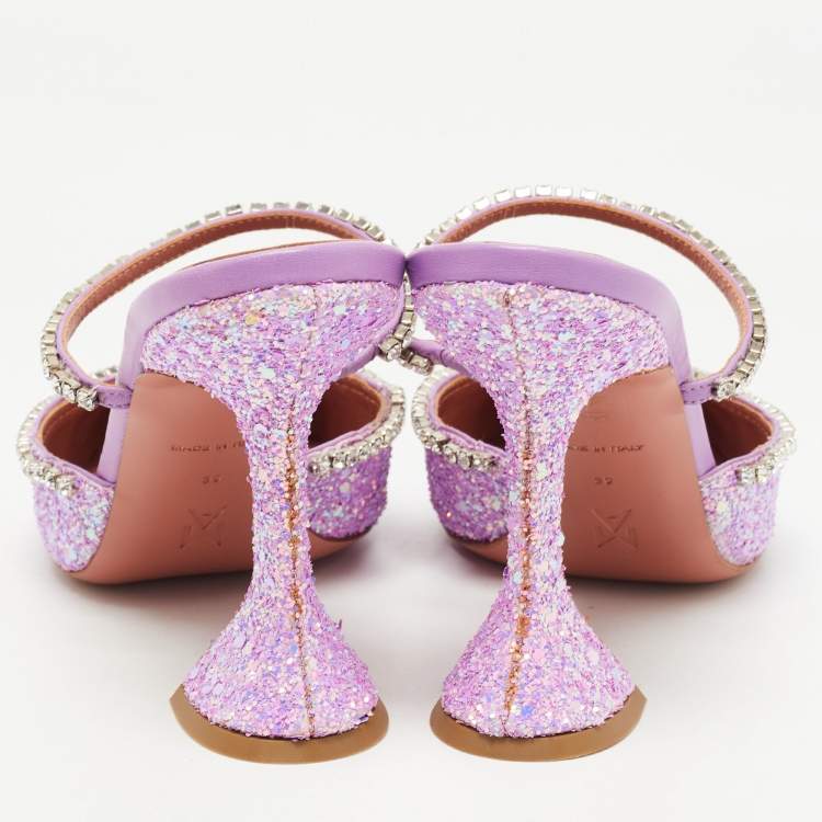 مملوكة مسبقًا Amina Muaddi Purple Coarse Glitter Gilda Mules Size 39