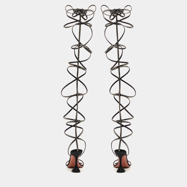 Pre Owned Amina Muaddi x AWGE LSD Black Satin Crystal Embellished Gladiator Sandals Size 40