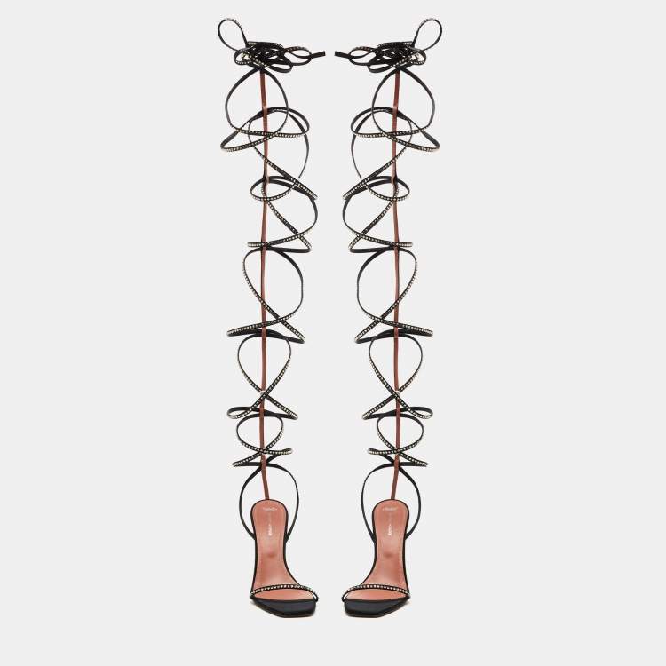 Pre Owned Amina Muaddi x AWGE LSD Black Satin Crystal Embellished Gladiator Sandals Size 40