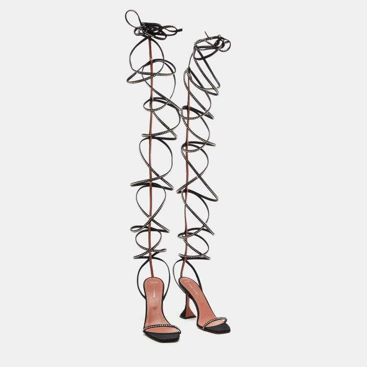 Pre Owned Amina Muaddi x AWGE LSD Black Satin Crystal Embellished Gladiator Sandals Size 40