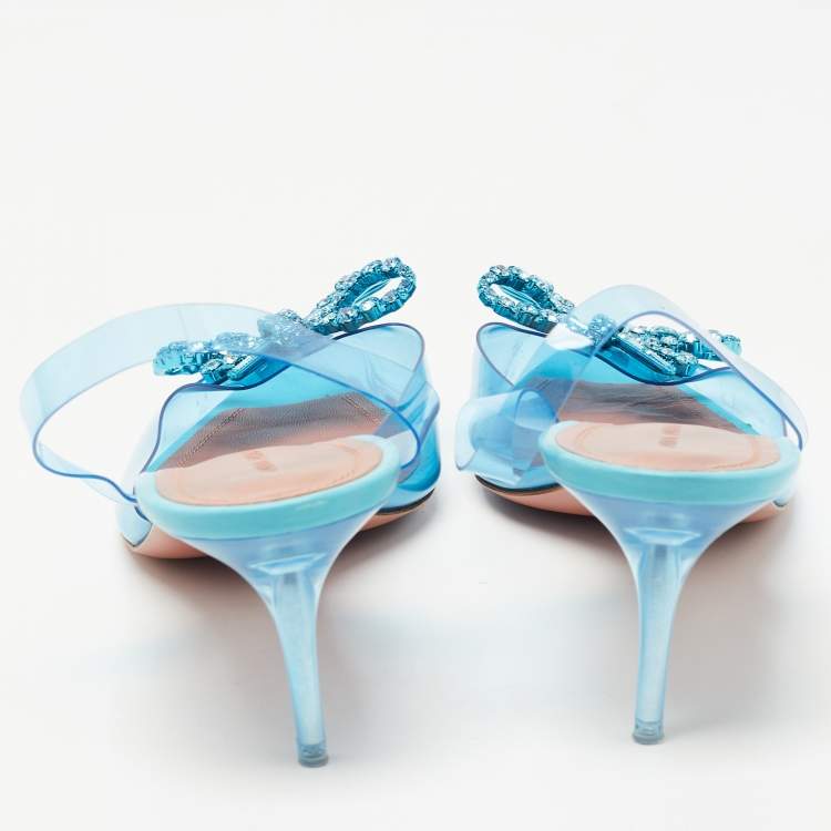 Pre Owned Amina Muaddi Blue PVC Crystal Embellished Rosie Slingback Pumps Size 39