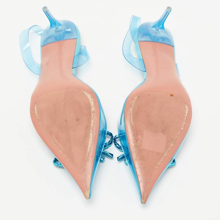 Pre Owned Amina Muaddi Blue PVC Crystal Embellished Rosie Slingback Pumps Size 39
