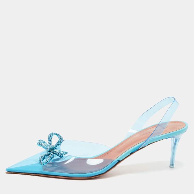 Pre Owned Amina Muaddi Blue PVC Crystal Embellished Rosie Slingback Pumps Size 39