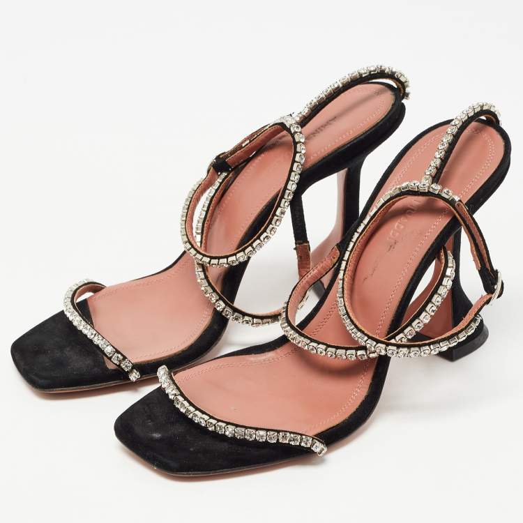 Pre Owned Amina Muaddi Black Suede  Crystal-Embellished Gilda Ankle Strap Sandals Size 37.5