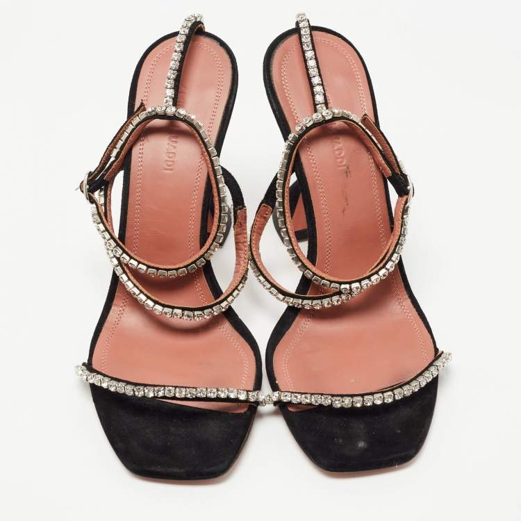 Pre Owned Amina Muaddi Black Suede  Crystal-Embellished Gilda Ankle Strap Sandals Size 37.5