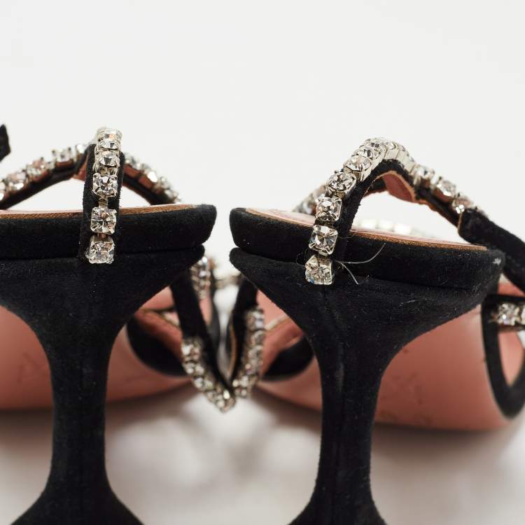 Pre Owned Amina Muaddi Black Suede  Crystal-Embellished Gilda Ankle Strap Sandals Size 37.5