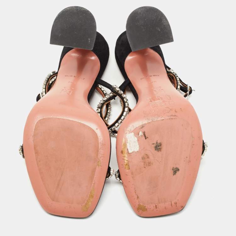 Pre Owned Amina Muaddi Black Suede  Crystal-Embellished Gilda Ankle Strap Sandals Size 37.5