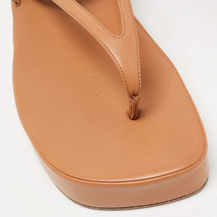 Pre Owned Amina Muaddi Brown Leather Jamie Platform  Ankle Wrap Sandals Size 41
