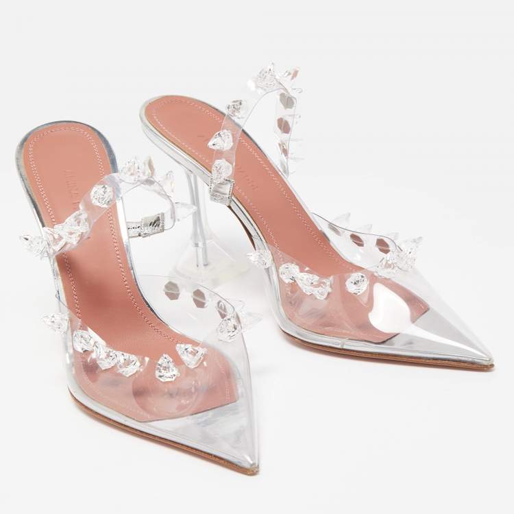 مملوكة مسبقًا Amina Muaddi Transperent PVC Crystal Embellished Julia Mule Sandals Size 37