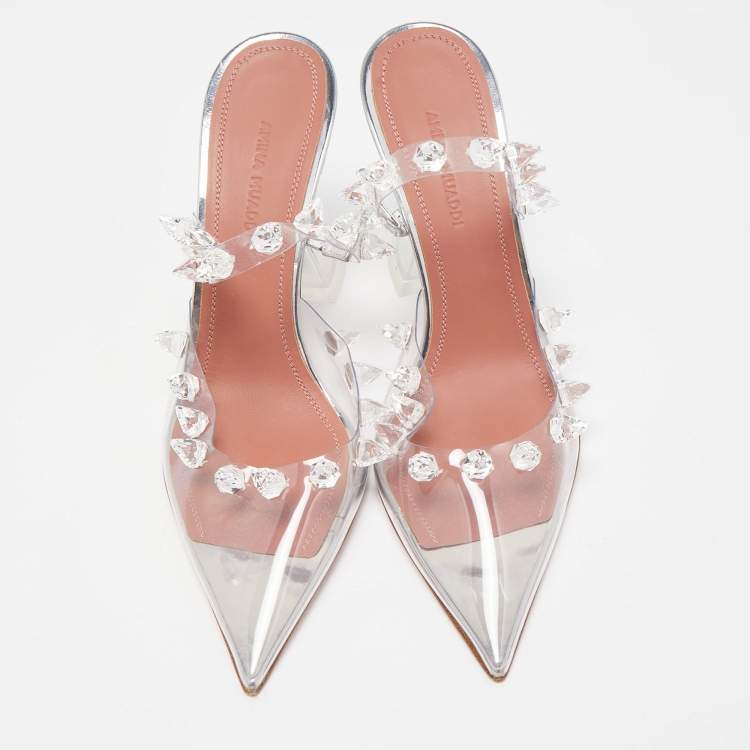 مملوكة مسبقًا Amina Muaddi Transperent PVC Crystal Embellished Julia Mule Sandals Size 37