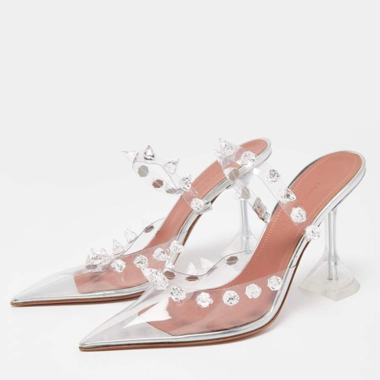 مملوكة مسبقًا Amina Muaddi Transperent PVC Crystal Embellished Julia Mule Sandals Size 37