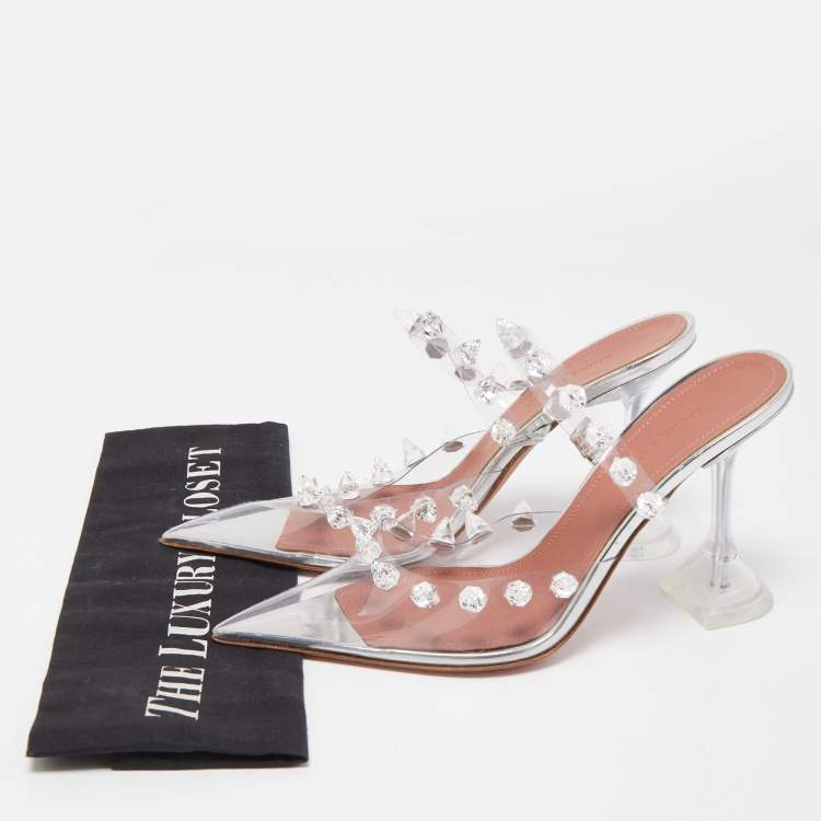 مملوكة مسبقًا Amina Muaddi Transperent PVC Crystal Embellished Julia Mule Sandals Size 37