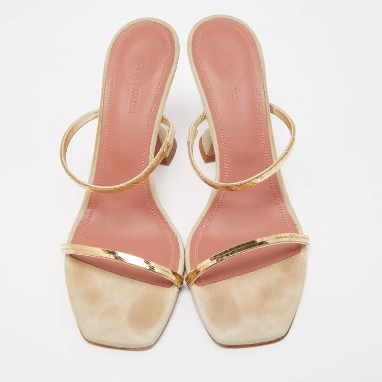 Pre Owned Amina Muaddi Gold/Grey Leather and Suede Gilda Slide Sandals Size 39