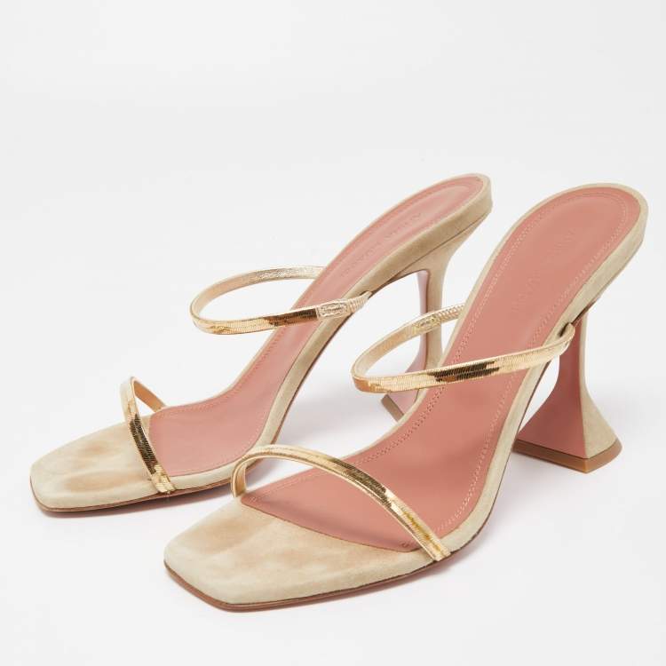 Amina Muaddi Gold Grey Leather and Suede Gilda Slide Sandals Size