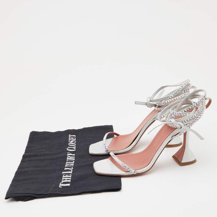 Pre Owned Amina Muaddi Iridescent Silver Leather Vita Wrap Sandals Size 37
