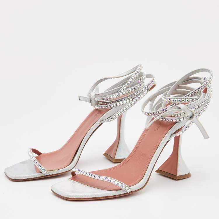 Amina Muaddi Iridescent Silver Leather Vita Wrap Sandals Size 37