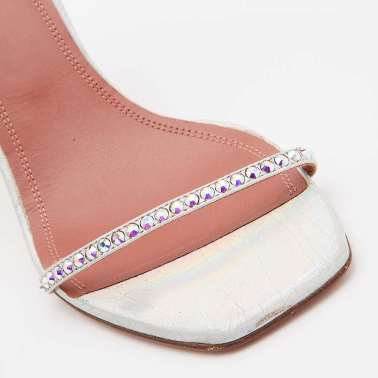 Pre Owned Amina Muaddi Iridescent Silver Leather Vita Wrap Sandals Size 37