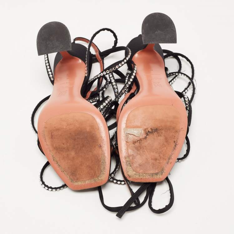 Pre Owned Amina Muaddi x AWGE LSD Black Satin Crystal Embellished Gladiator Sandals Size 39