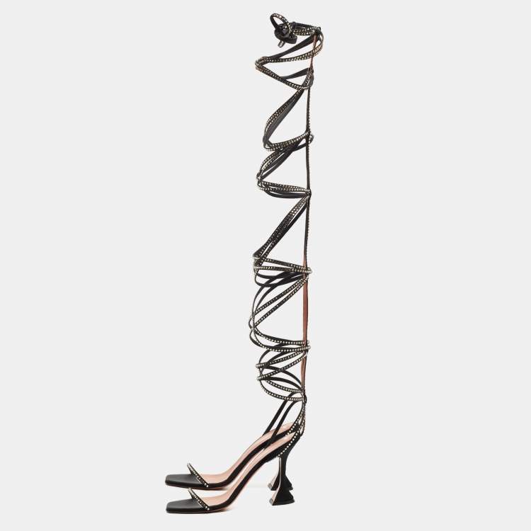 Pre Owned Amina Muaddi x AWGE LSD Black Satin Crystal Embellished Gladiator Sandals Size 39