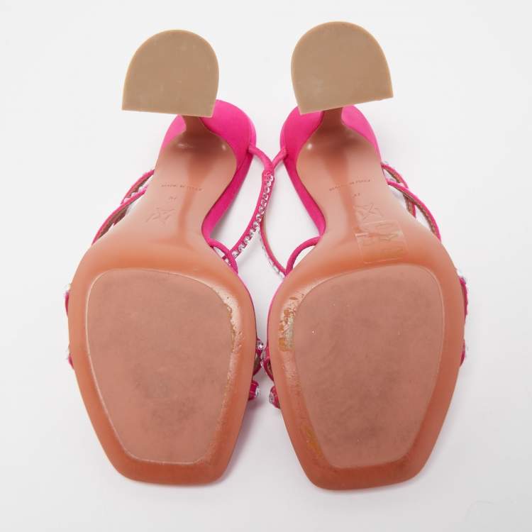 Pre Owned Amina Muaddi Pink Satin Gilda Crystal Embellished Sandals Size 37