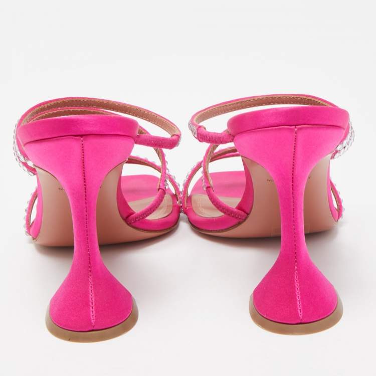 Pre Owned Amina Muaddi Pink Satin Gilda Crystal Embellished Sandals Size 37