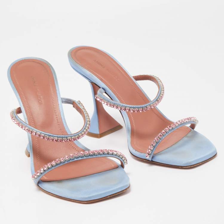 Pre Owned Amina Muaddi Blue Satin Gilda Sandals Size 37