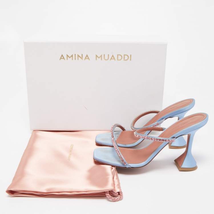 Pre Owned Amina Muaddi Blue Satin Gilda Sandals Size 37