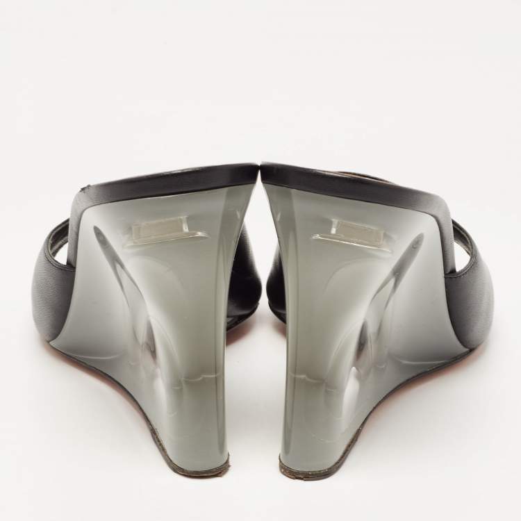 Pre Owned Amina Muaddi Black Leather Lupita Glass Wedge Sandals Size 38